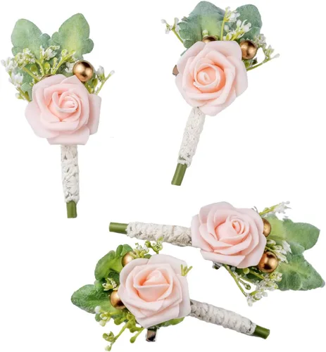 Boutonniere - Juego de 4 rosas artificiales para boda, novio, padrino de boda, aniversario, celebración, baile, fiesta, decoración del hogar