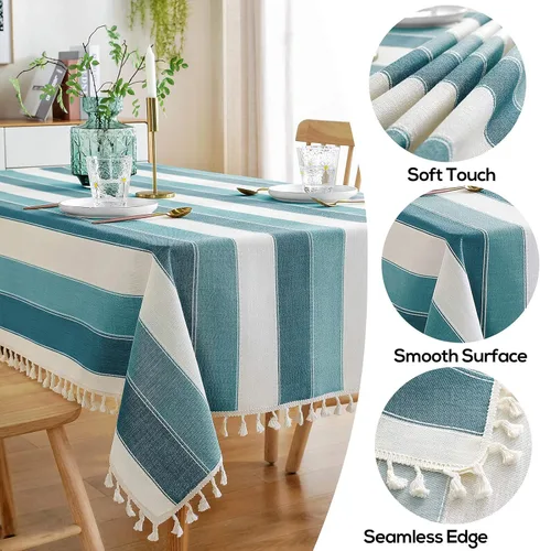 Miniatura 2 de AmHoo Mantel rectangular con borlas a rayas para mesa de cocina y comedor, 55 x 55 pulgadas, color verde azulado
