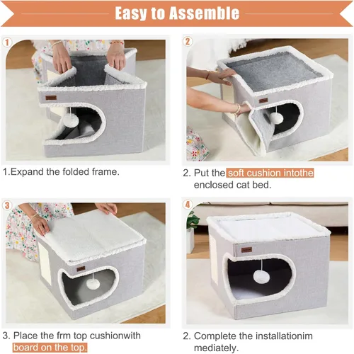 Miniatura 4 de Garnpet Cama para Gatos de Interior Casa Cubo, Camas de Cueva para Gatos Cubierta y Muebles con Almohadilla Rascadora y Tienda Refugio, Lindo Gris