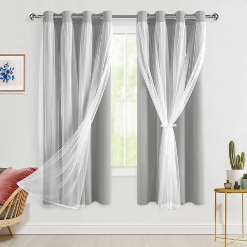 Miniatura 124 de Hiasan Cortinas opacas con superposición transparente, aislamiento térmico para mezclar y combinar de doble capa, cortinas de oscurecimiento de Beige