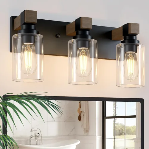 Miniatura 9 de Accesorios de iluminación de baño de granja, luces de tocador rústicas de 3 luces en madera para baño, iluminación de apliques de pared vintage