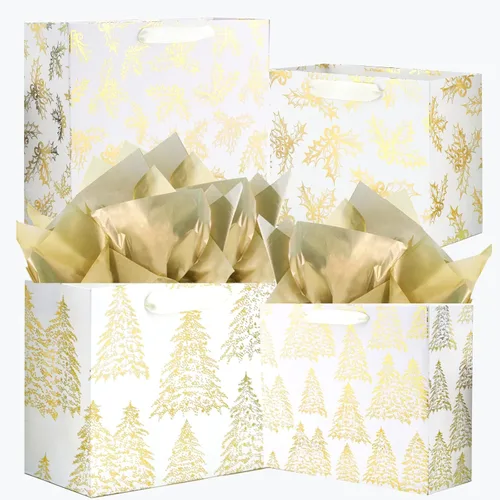 Miniatura 12 de UNIQOOO 12 bolsas de regalo de Navidad doradas metálicas a granel con asa, grandes de 12.5 x 10 pulgadas, bolsas de papel geométrico moderno surtido