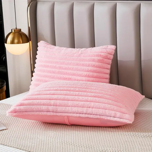 Miniatura 8 de Juego de 2 fundas de almohada para cama tamaño king, fundas de cojín rectangulares lumbares con diseño de rayas, forro de piel de conejo sintética