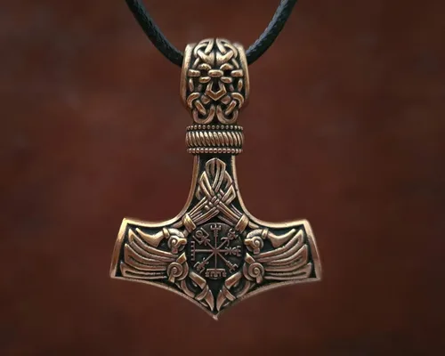 Miniatura 2 de Viking Thors Hammer Necklace Pendant - Vegvisir Aegishjalmur Helm of Awe Raven Huginn Muninn Pendant Necklace Amulet Talisman - Thor Necklace