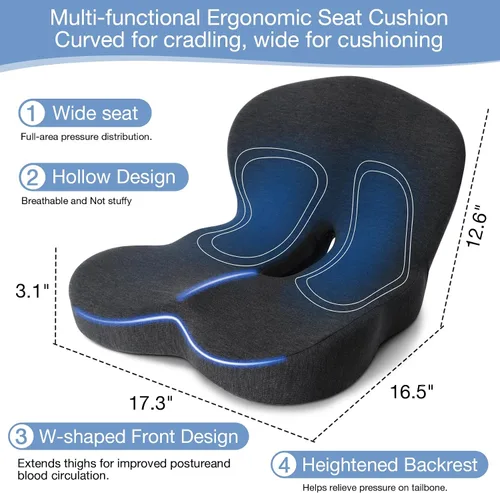 Miniatura 3 de Cojín de asiento de espuma viscoelástica, cojín de silla para silla de oficina, asiento de automóvil, alivia la presión del coxis, ciática, dolor