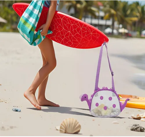 Miniatura 4 de Auon Bolsa de playa de malla para juguete de playa, bolsa de conchas para niños, bolsa de juguete de arena de dinosaurio para sostener conchas