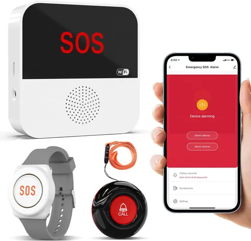 SanJie Wi-Fi Cuidador Inalámbrico Paginador Botón de Llamada para Ancianos en Casa - Sistemas de Alerta con Aplicaciones de Alertas Remotas y