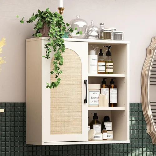 Miniatura 10 de RUSTOWN Armario de pared de ratán bohemio, gabinete de baño de mediados de siglo con puerta corredera, estantes ajustables, armario de Negro
