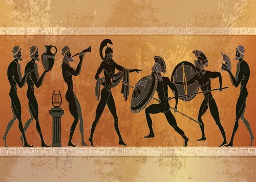 Telón de fondo de tela de 5 x 3 pies, fondo de guerrero de la antigua Grecia antigua, mitología griega, figura negra, figuras de guerreros de