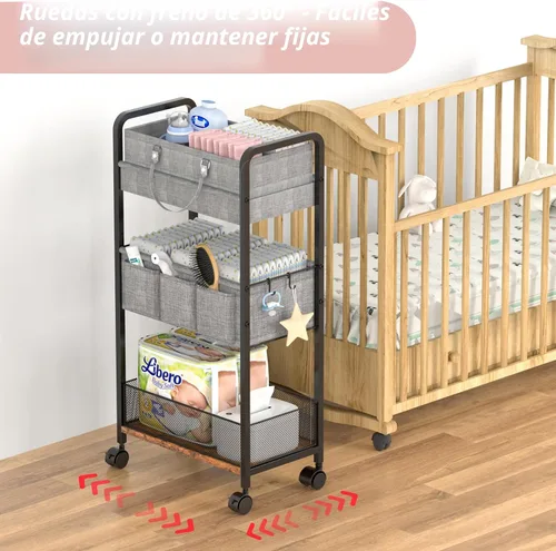 Miniatura 7 de LIDTOP Carrito de pañales 2 en 1 y carrito de pañales rodante de 3 niveles, carrito organizador de pañales con divisores, carrito móvil de metal