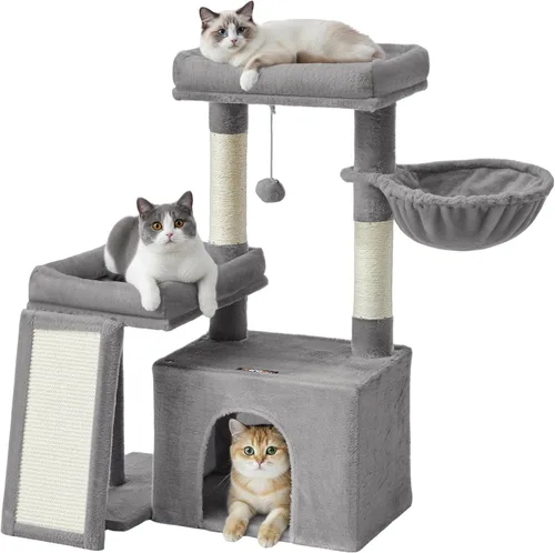 Miniatura 9 de Feandrea Árbol para gatos, torre para gatos con postes rascadores y rampa, 2 perchas grandes, cueva, canasta, 33.8 pulgadas de alto, gris oscuro
