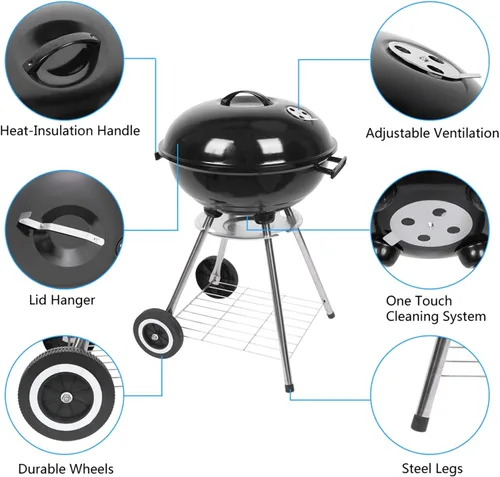 Miniatura 4 de Parrilla de carbón de 18 pulgadas con ruedas para cocinar al aire libre, barbacoa, barbacoa, hervidor de carbón, parrilla portátil, resistente