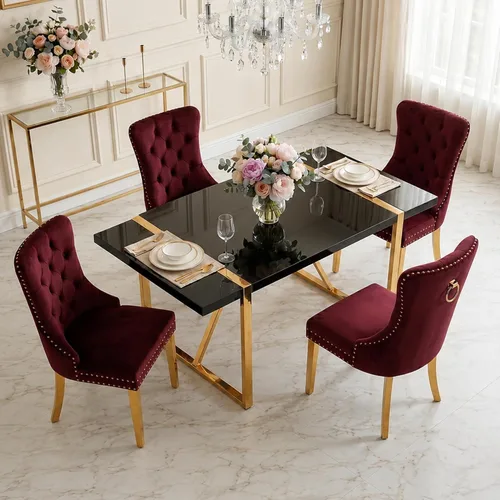 Miniatura 30 de Juego de mesa de comedor negra para 4, parte superior negra brillante de 55 pulgadas con patas de metal dorado, juego de mesa de comedor moderno