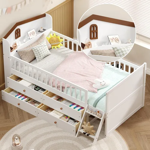 Miniatura 34 de VilroCaz Moderna cabecera de almacenamiento de cama de tamaño individual y barandilla de seguridad para niños, base de cama de plataforma de madera