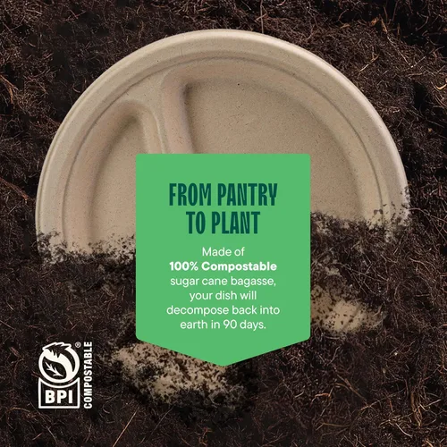 Miniatura 6 de Platos de papel desechables 100% compostables, 3 compartimentos, [125 unidades] - {Sin PFAS} - {Certificado BPA} - [9 pulgadas] Bandejas seccionales