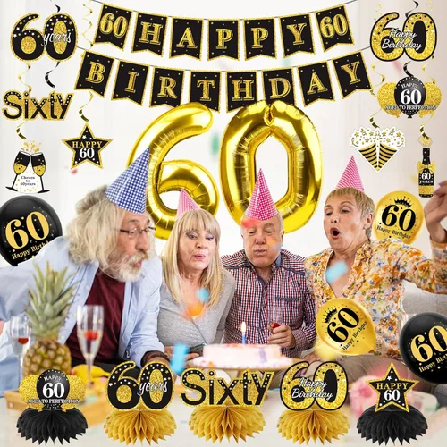 Miniatura 4 de Turypaty Kit de 36 decoraciones de cumpleaños 60 para hombres y mujeres, globos de feliz cumpleaños de 60 años de color negro y dorado con diseño