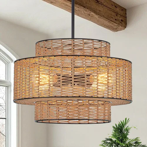Miniatura 13 de Lámpara de araña bohemia de ratán de 17.7 pulgadas, lámpara de tambor dorada tejida a mano con 4 luces, lámpara de granja para comedor, dormitorio