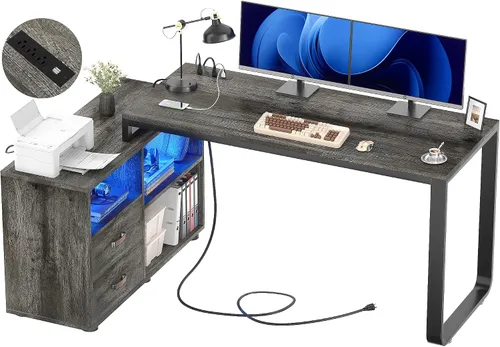 Homieasy Escritorio en forma de L con archivador y toma de corriente, escritorios reversibles de esquina grandes de 55 pulgadas con tira LED,