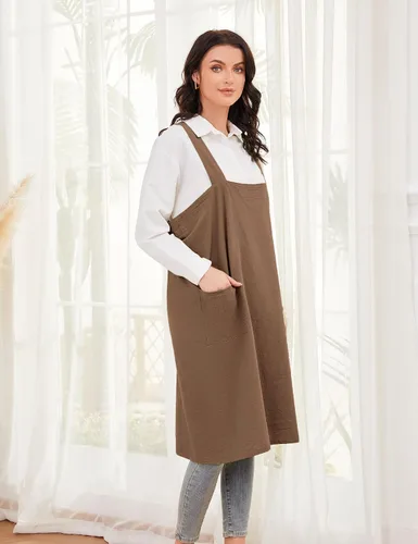 Miniatura 4 de Schine Pinafore de algodón con espalda cruzada para mujer, con bolsillos grandes, prácticos delantales para trabajos de jardinería, cocina, Marrón