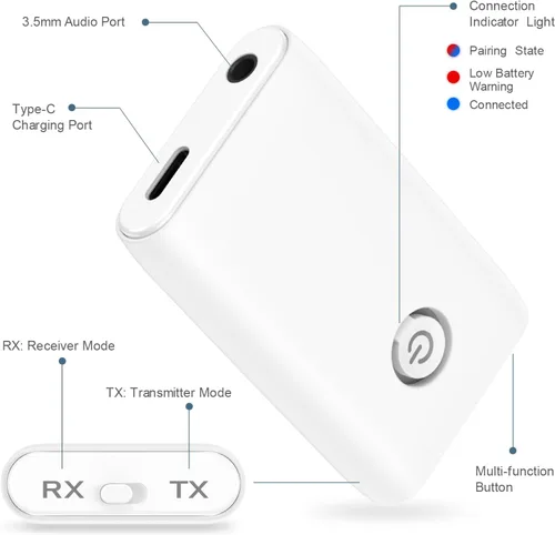 Miniatura 5 de Transmisor Receptor Bluetooth 5.3 Actualizado, Adaptador Inalámbrico Bluetooth 2 en 1 Portátil, Adaptador Aux Portátil para Coche, Receptor de Audio