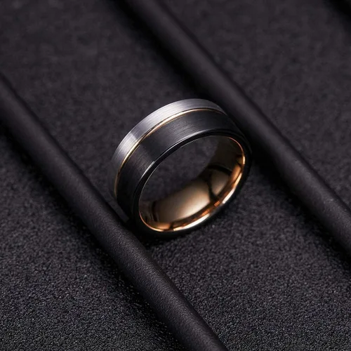 Miniatura 3 de King Will Loop. Anillo de boda de carburo de tungsteno de 0.2360.315de pulgada, con línea de oro rosa, anillo negro y plata cepillado, ajuste cómodo