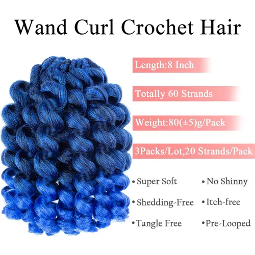Miniatura 3 de Leeven Pelo corto de 8 pulgadas de Jamaica Bounce Wand Curl Crochet Hair Senegalese Twist sintético trenzado de pelo Ombre azul Jumpy Wand Curly