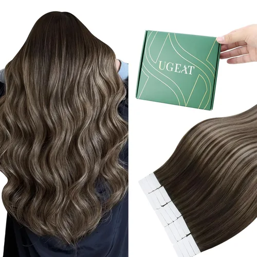Miniatura 19 de Ugeat - Extensiones de cabello humano con cinta adhesiva, color marrón, extensiones de cabello humano, color marrón oscuro a rubio caramelo, Cinta