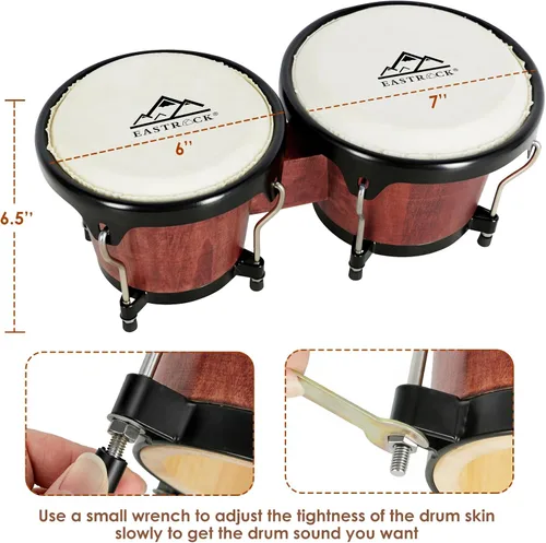 Miniatura 5 de EASTROCK Juego de tambor Bongo de 6 y 7 pulgadas para principiantes, estudiantes, adultos, profesionales, cabezas de piel de animales naturales, Rojo