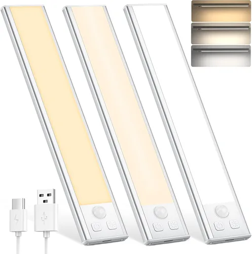 Miniatura 12 de Paquete de 3 luces LED para debajo del gabinete, 32 luces LED de color blanco frío recargables debajo del gabinete, luces LED con sensor de Negro