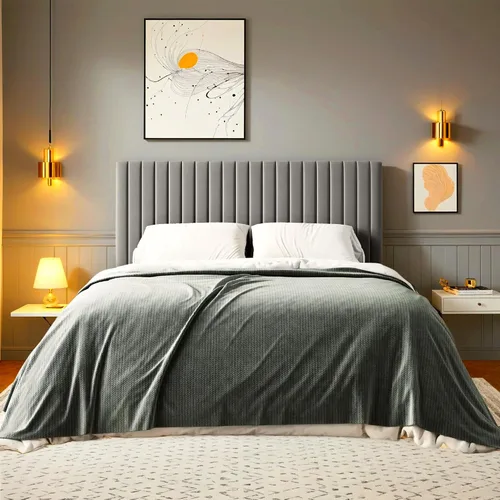 Miniatura 5 de HOOMIC Twin Bed Frame, Velvet Upholstered Platform Bed with Adjustable Vertical Channel Tufted Headboard, Mattress Foundation with Strong Wooden