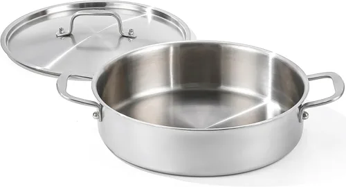 DELARLO Sartén de acero inoxidable de tres capas de 3.5 cuartos de galón con tapa, olla Rondeau de inducción con tapa, sartén de 12 pulgadas de
