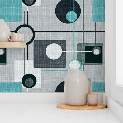 Miniatura 8 de Papel tapiz para despegar y pegar – Orbs Squares Grey Aqua Black White Vintage Blue Retro Circles Papel pintado personalizado extraíble por