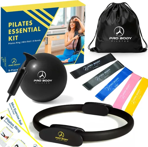 ProBody Pilates Juego de anillos con anillo de círculo mágico de 14 pulgadas, pelota de ejercicio de 9 pulgadas, 5 bandas de resistencia, bomba,