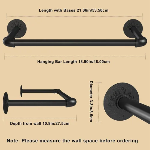 Miniatura 4 de Perchero de pared de 21.06 pulgadas, perchero industrial para montaje en pared, perchero de hierro resistente, barra colgante multiusos ahorradora