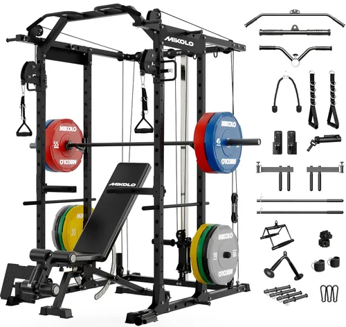 Miniatura 20 de Mikolo Jaula de Potencia, Rack de Potencia con Sistema de Cruce de Cables, 1500LBS Rack para Sentadillas con Sistema de Jalón LAT, Jaula de Rojo