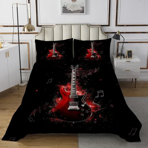 Homewish Colcha de guitarra roja tamaño individual, juego de ropa de cama de música Hip Pop para decoración de habitación de niños y niñas, juego de