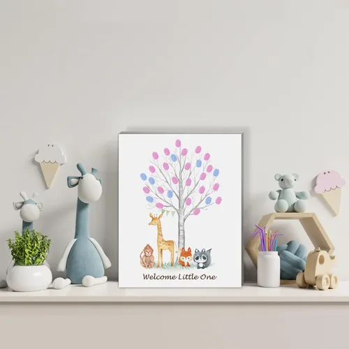 Miniatura 5 de Árbol de huellas dactilares para revelación de género del bebé con animales de safari, juego de adivinación de género para niños y niñas, ideas