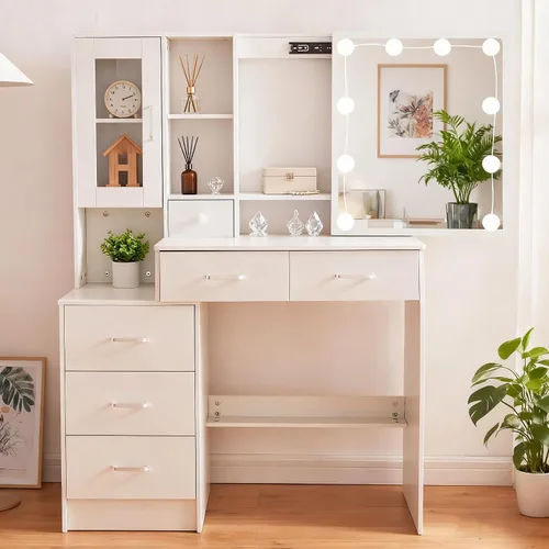 Miniatura 12 de Escritorio blanco cálido con espejo iluminado LED, mesa de tocador de maquillaje con armario izquierdo iluminado, 6 cajones y taburete, tocador