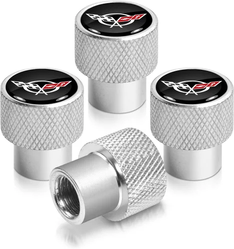 iPick Image Tapones de vástago de válvula de neumático de aluminio de alta calidad para Chevrolet Corvette C5, color negro sobre plateado brillante,