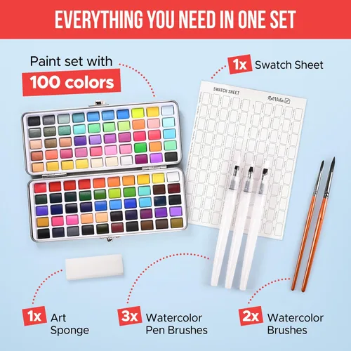 Miniatura 4 de Juego de pintura de acuarela con 100 colores brillantes: para principiantes adultos y profesionales con metálico - Kit de arte de acuarela de viaje