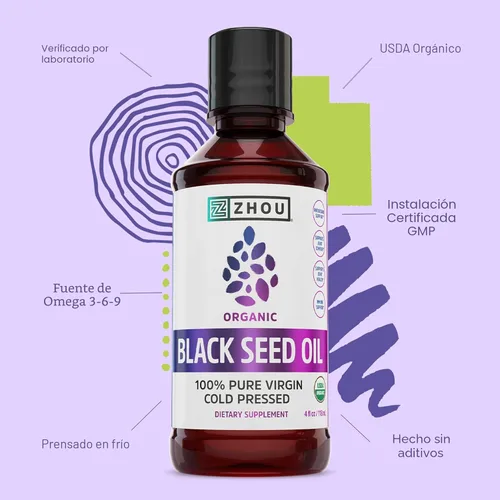 Miniatura 4 de ZHOU Aceite de semilla negra orgánico, aceite de semilla de comino negro prensado en frío, Nigella Sativa, líquido de semillas negras puro sin