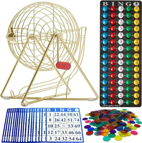 MR CHIPS Juego de bingo de 11 pulgadas de alto con jaula de acero, juego profesional eterno, bolas de 7/8 pulgadas, 18 tarjetas y 300 fichas, color