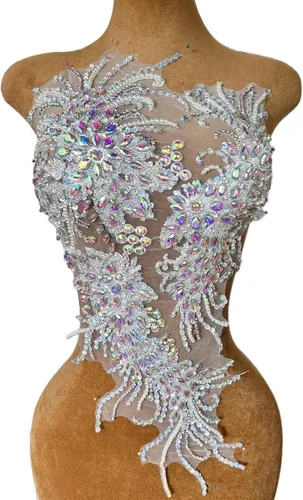 Vestido de novia de cuerpo frontal grande con cuentas a mano, parches para coser en apliques de encaje con diamantes de imitación, accesorios de AB