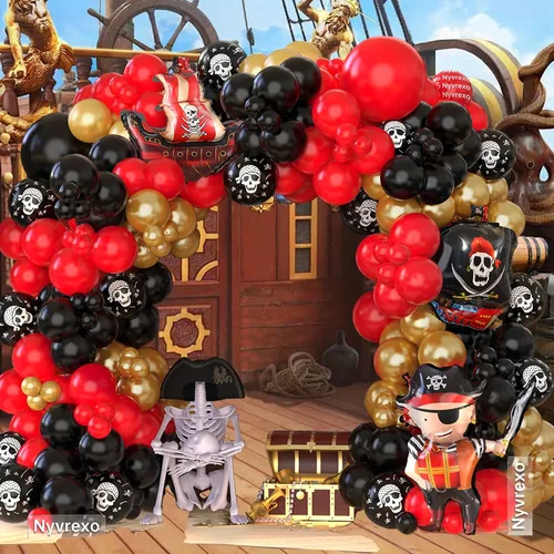 Miniatura 6 de Decoraciones de fiesta de cumpleaños pirata, 142 piezas de guirnalda de globos dorados metálicos rojos, negros, kit de arco de arco de globos