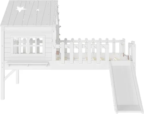 Miniatura 15 de Marco de cama de tamaño matrimonial para niños con escaleras, bonito techo y ventana en forma de estrella para niños y niñas, cama de plataforma