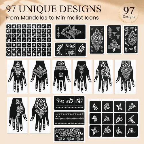 Miniatura 4 de Koogel Kit de plantillas de tatuaje de henna de 18 hojas, 97 plantillas de tatuaje con brillantina temporal para pintura facial y arte corporal