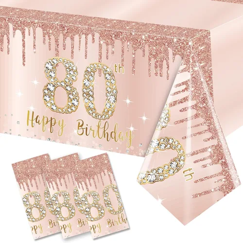 Excelloon Paquete de 3 Manteles de Cumpleaños de 80 Años, Decoración de Mantel Rosa Púrpura Feliz Cumpleaños de 80 Años, Mantel Desechable de