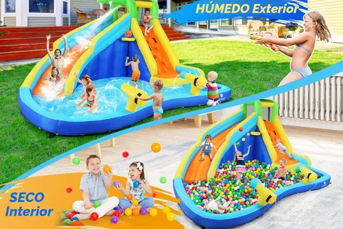 Miniatura 9 de ROOJER Tobogán acuático inflable de cocodrilo para patio trasero de niños, 8 en 1, casa de rebote húmeda y seca, parque acuático con soplador