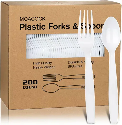 MOACOCK Juego de cubiertos de plástico blanco de 200 unidades, tenedores y cucharas de plástico resistentes cubiertos desechables para suministros