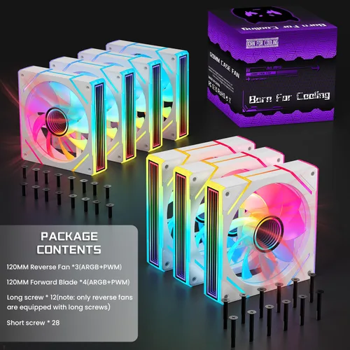 Miniatura 6 de 7 piezas de ventilador ARGB - 4 ventiladores hacia adelante + 3 ventiladores hacia atrás, 28 LED, ventilador silencioso de 4.72 pulgadas PWM